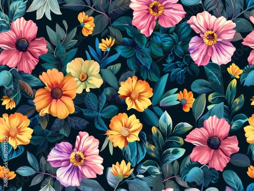 Vibrant Tropical Floral Seamless Pattern - Watercolor Painting © Sakunluck