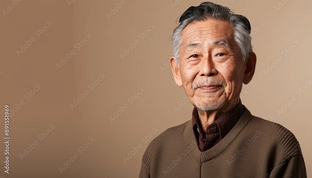 portrait of senior Asian man 70 year old with sweater on beige background, adult male portrait portrait of senior Asian man 70 year old with sweater on beige background, adult male portrait