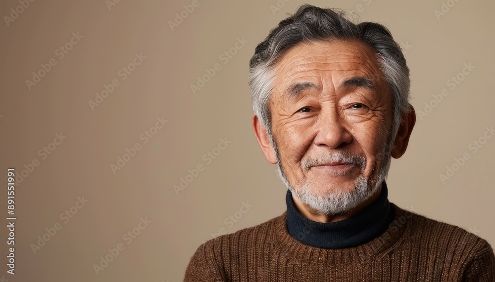 portrait of senior Asian man 70 year old with sweater on beige background, adult male portrait, close up portrait of senior Asian man 70 year old with sweater on beige background, adult male portrait, close up
