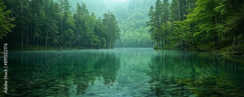 A tranquil lake surrounded by dense pine forests.