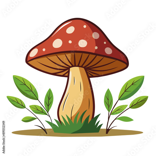 Inedible mushroom amanita growing in green grass. Fly agaric. Cartoon style vector illustration.