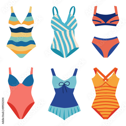Women swimsuits collection. Cartoon style vector illustration.