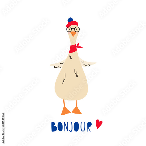 French goose and lettering "Hello" in French. French style goose. Vector illustration cartoon bird dressed in French style in beret. Good for posters, t shirts, postcards.