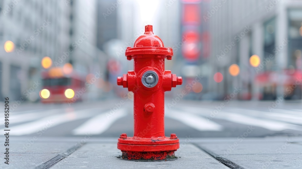Bright red fire hydrant situated on an urban street with blurred buildings and vehicles in the background, highlighting city infrastructure. Bright red fire hydrant situated on an urban street with blurred buildings and vehicles in the background, highlighting city infrastructure.