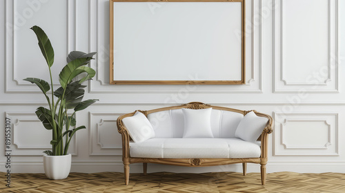 Elegant minimalist white sofa and tall potted floor plant in bri photo