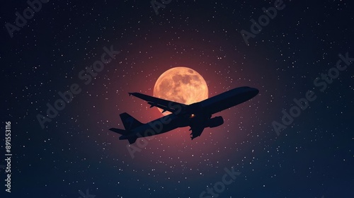 Silhouette of an airplane soaring at night against a captivating full moon backdrop, surrounded by a starry sky, depicting travel and adventure.