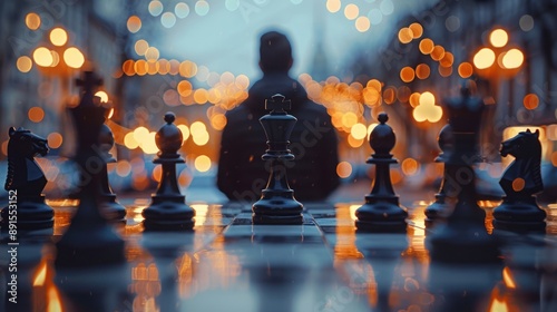 Strategic chess game with blurred background and vibrant city lights, highlighting the focus on the chess pieces and the game board.