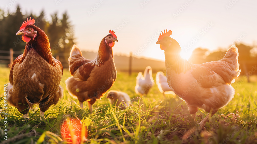 Fototapeta premium range chickens on the grass