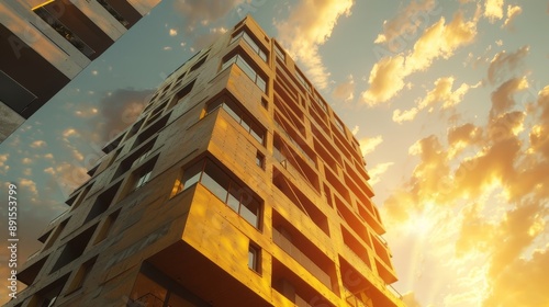 A modern building photographed from below, its architecture highlighted by the warm glow of a stunning orange sunset. photo