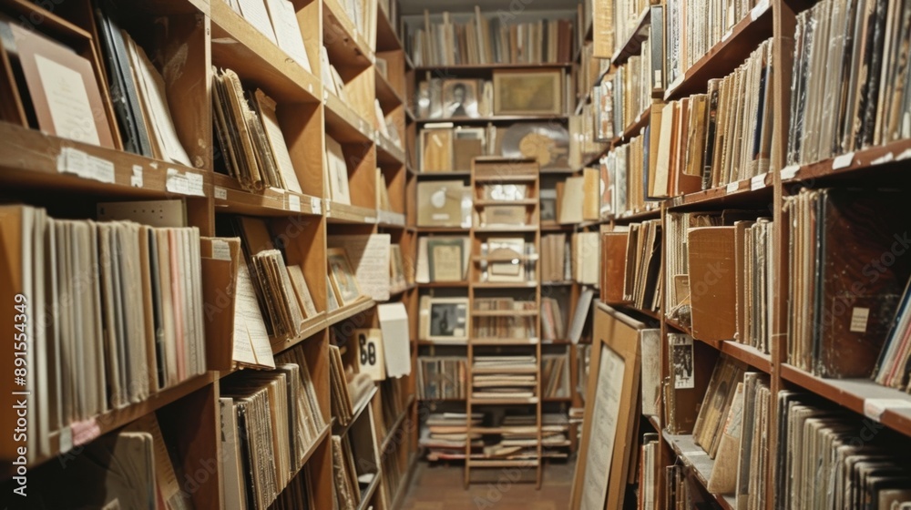 A music archive room with shelves filled with vinyl records, sheet music, and audio tapes A music archive room with shelves filled with vinyl records, sheet music, and audio tapes