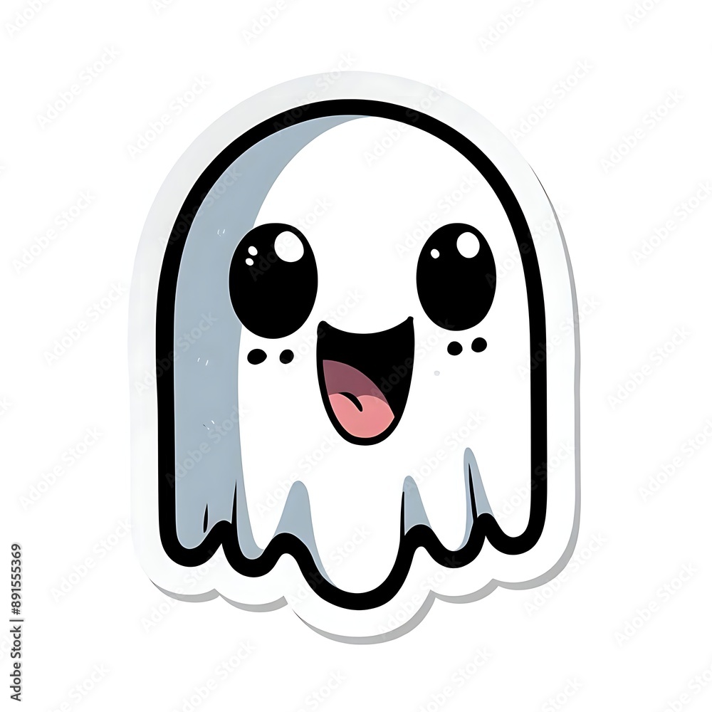 Happy cartoon ghost. White and black Halloween sticker with white border isolated on white background. Horror and monster stickers concept Happy cartoon ghost. White and black Halloween sticker with white border isolated on white background. Horror and monster stickers concept
