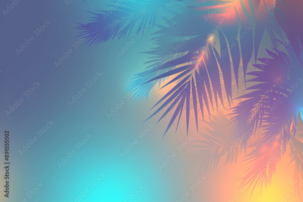 Tropical and palm leaves in gradient holographic neon colors. Summer party, travel, holiday, vacation. Retro background with copy space for banner, poster, invitation