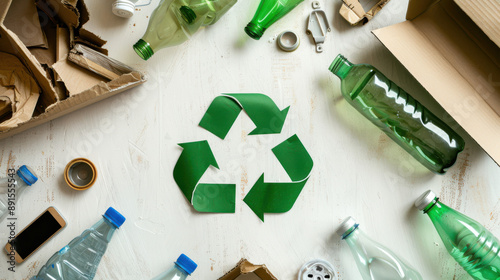 A clean white background with a central green recycling symbol, surrounded by various types of waste like paper, cardboard