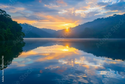 Beautiful sunset over a serene mountain lake, with the sky reflecting in the calm water and surrounded by lush forests, perfect for nature and travel themes