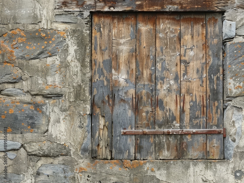 Weathered Wooden Shutter on a Stone Wall, Rustic , Texture , Vintage , Architecture Weathered Wooden Shutter on a Stone Wall, Rustic , Texture , Vintage , Architecture