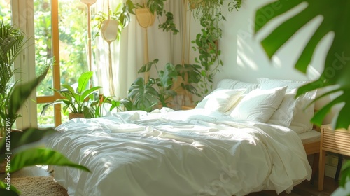 A beautiful, sun-drenched bedroom adorned with trailing green plants and a crisp white bedspread, capturing a balance of freshness and warmth while inviting relaxation. photo