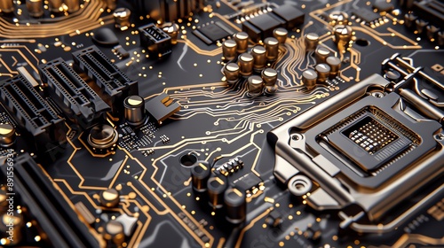 Close-up of a computer motherboard with intricate circuitry and components. photo