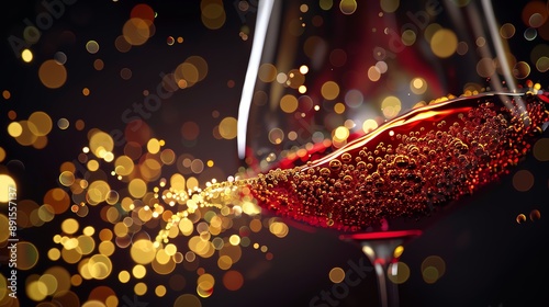 Close-up of red wine being poured into a glass, with a sparkling bokeh background.  A luxurious and celebratory image.