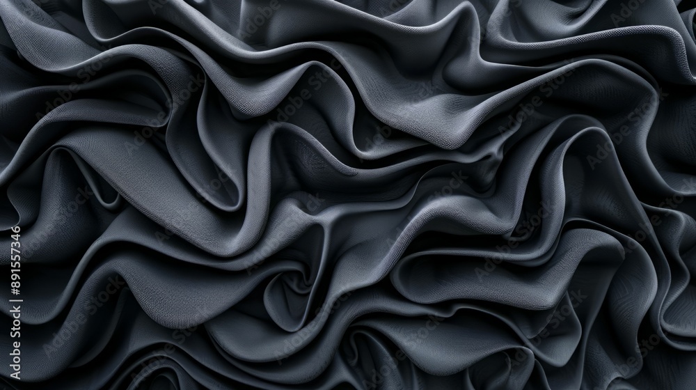 Fototapeta premium Abstract background with dramatic waves of dark gray fabric. The flowing, undulating texture creates a sense of movement and depth.