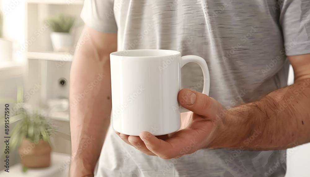 Man holding white mug indoors, closeup. Mockup for design Man holding white mug indoors, closeup. Mockup for design