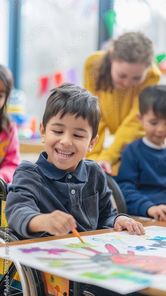 Fototapeta premium Little boy in wheelchair sitting at table in classroom. Elementary school.