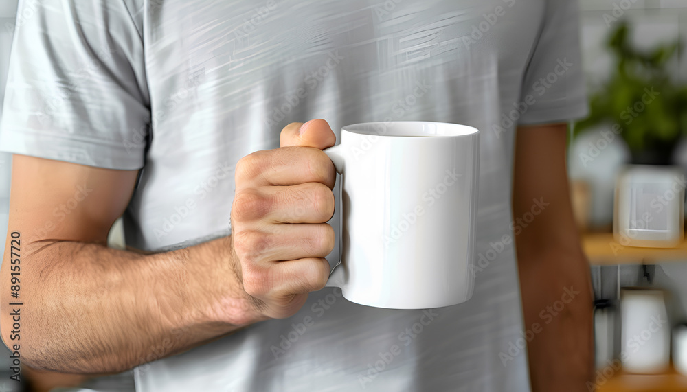 Man holding white mug indoors, closeup. Mockup for design Man holding white mug indoors, closeup. Mockup for design