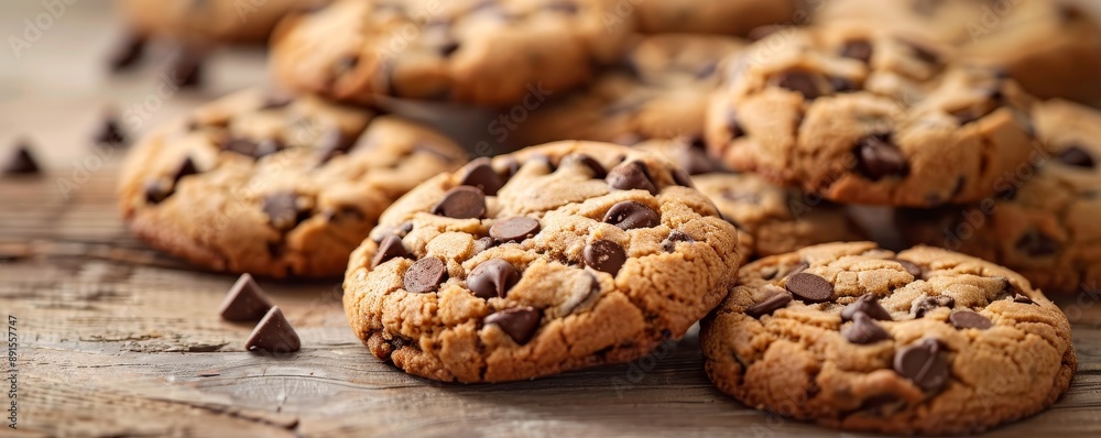 Close-Up of Chocolate Chip Cookies on Rustic Wooden Background, baking , dessert, chocolate , cookie Close-Up of Chocolate Chip Cookies on Rustic Wooden Background, baking , dessert, chocolate , cookie