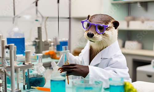 Scientist Otter: Otters with glasses and lab coats, conducting experiments in a research lab, educational magazine, curious and intelligent.