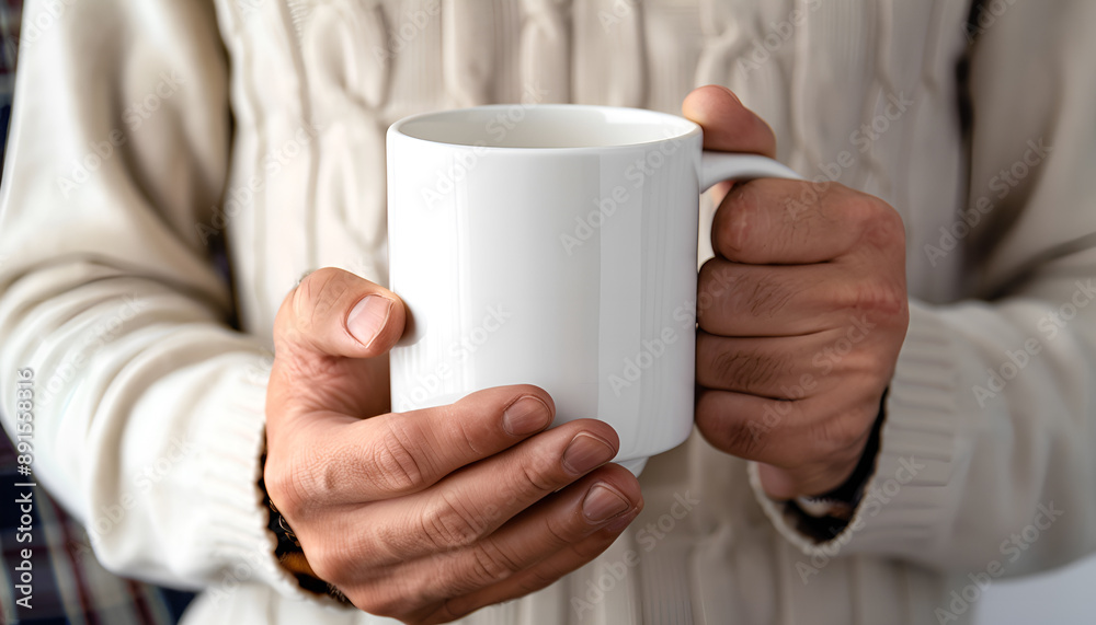Man holding white mug indoors, closeup. Mockup for design Man holding white mug indoors, closeup. Mockup for design