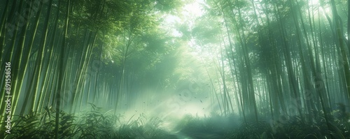 A misty morning in a bamboo forest.