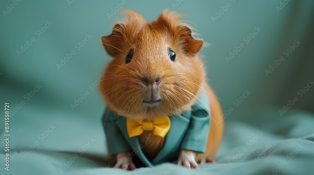 A small brown and white guinea pig is wearing a suit and tie A small brown and white guinea pig is wearing a suit and tie