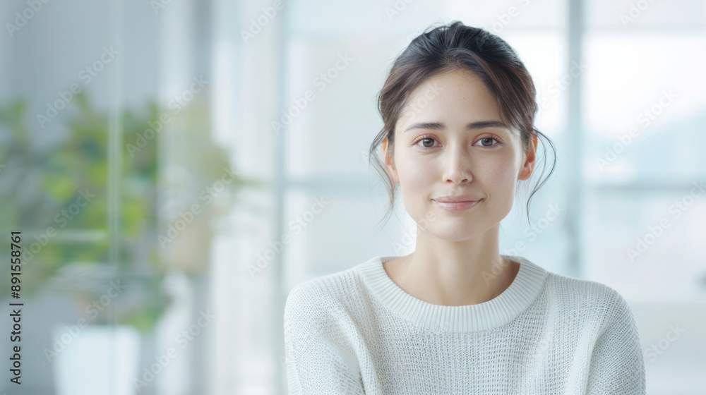 Asian businesswoman smiling in modern office Asian businesswoman smiling in modern office