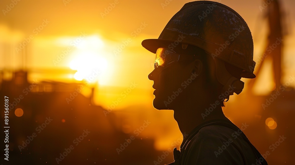 Profile of a sweaty construction worker with sunset backlight creating a warm glow. Profile of a sweaty construction worker with sunset backlight creating a warm glow.