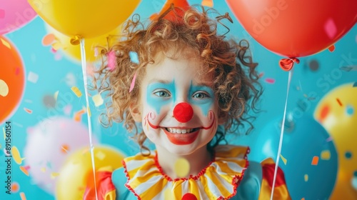 A young girl wearing a clown costume and holding balloons