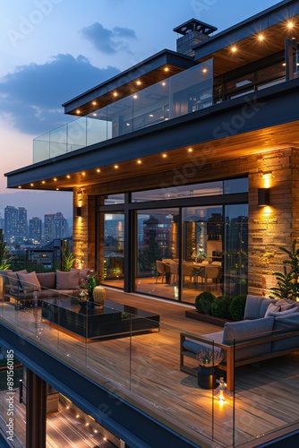 A luxurious rooftop terrace with modern furnishings, ambient lighting, and a captivating city skyline view at dusk. photo