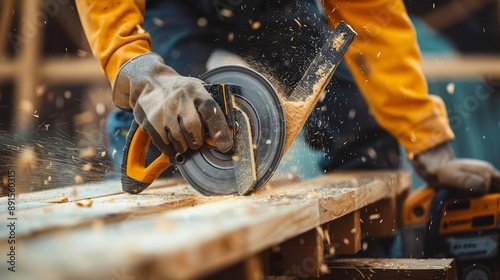 Worker using a circular saw to cut a wooden board at a construction site 