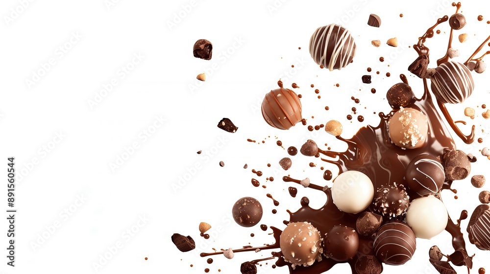 Fototapeta premium assorted premium chocolate truffles explode splashing liquid choco on white background culinary luxury confectionery advertising copy space