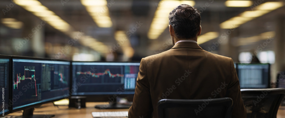 shadowy world of buying stocks with a mesmerizing depiction of an businessman, their back presented in a half-turn, wearing suits in an office, seated in front of a commanding monitor, engrossed 