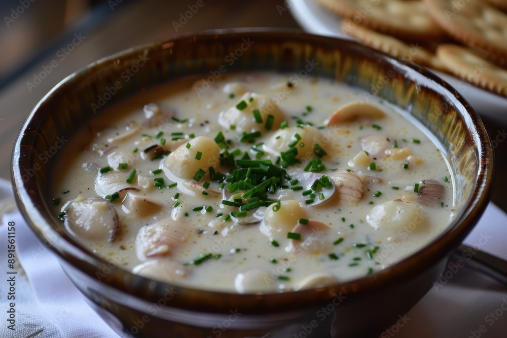 A bowl of creamy clam chowder, topped with freshly chopped chives and accompanied by oyster crackers. A bowl of creamy clam chowder, topped with freshly chopped chives and accompanied by oyster crackers.