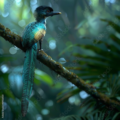 Archaeopteryx perched on a branch in a dense forest, colors and details are highly realistic, [Dinosaur], [Prehistoric Birds] photo