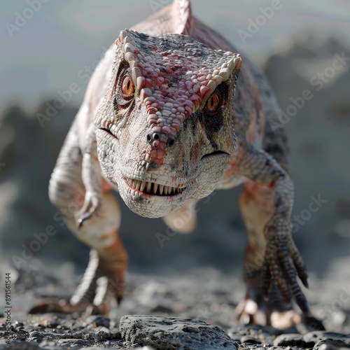 Ceratosaurus in a dramatic stance on rocky terrain, highly detailed and realistic, [Dinosaur], [Prehistoric Fierceness] photo