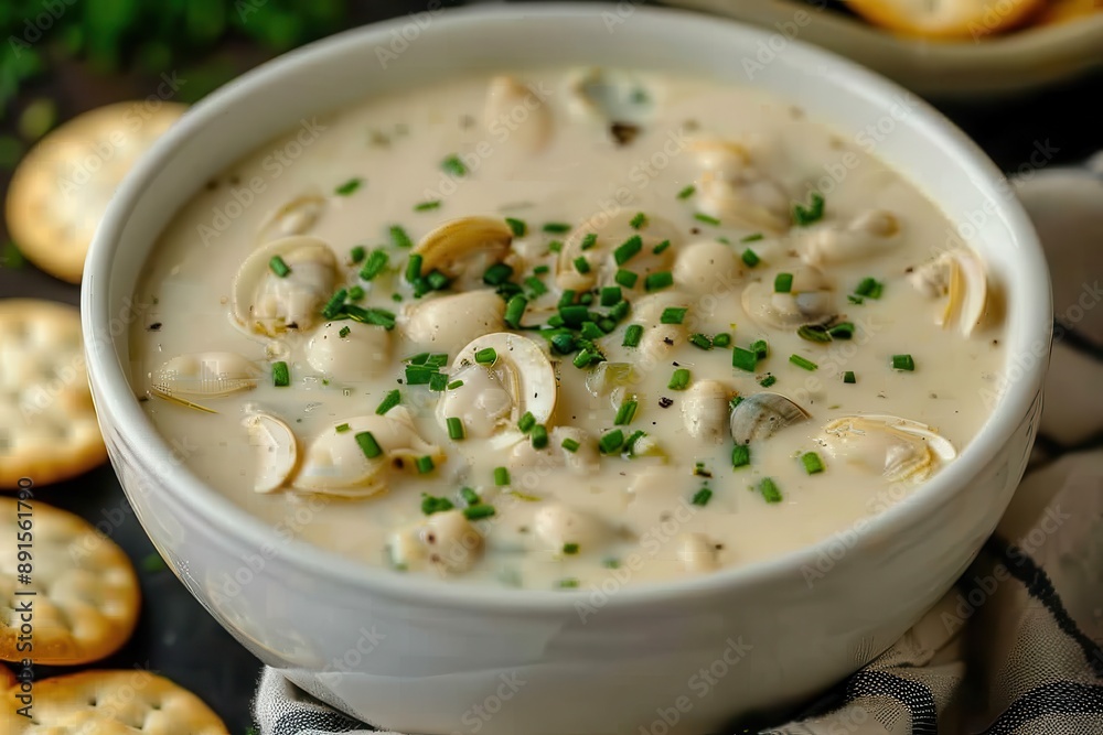 A bowl of creamy clam chowder, topped with freshly chopped chives and accompanied by oyster crackers. A bowl of creamy clam chowder, topped with freshly chopped chives and accompanied by oyster crackers.