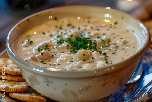 A bowl of creamy clam chowder, topped with freshly chopped chives and accompanied by oyster crackers. 