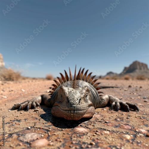 Dimetrodon basking under a scorching sun in an arid environment, strikingly realistic, [Dinosaur], [Permian Era Realism] photo