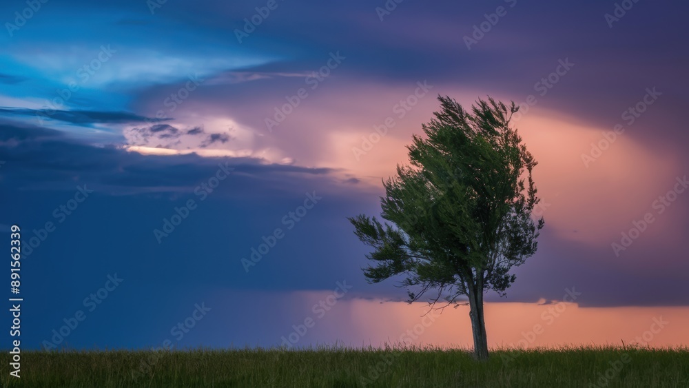 Obraz premium A lone tree in a field with colorful clouds behind it, AI
