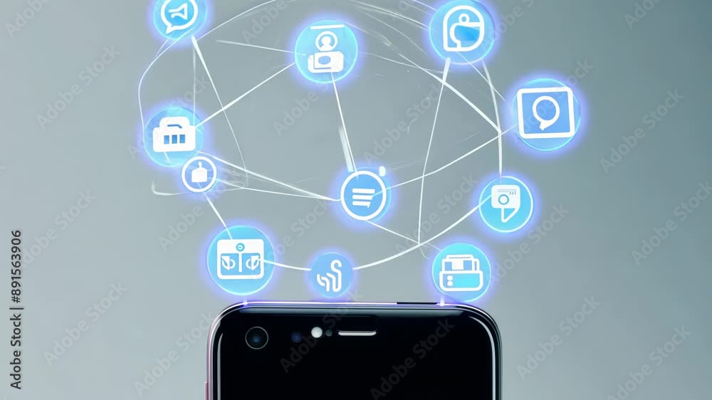 smartphone with various application icons displayed in the air. concept: technology mobile applications, digital life. smartphone with various application icons displayed in the air. concept: technology mobile applications, digital life.