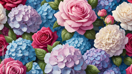 Colorful Roses blue red pink light green yellow illustration background wallpaper