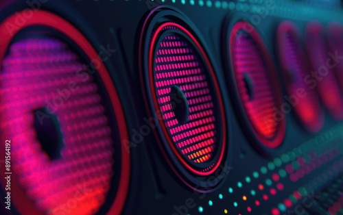 Close-up of vibrant, colorful speakers in a row, illuminated by bright lights, perfect for music and audio related concepts. photo