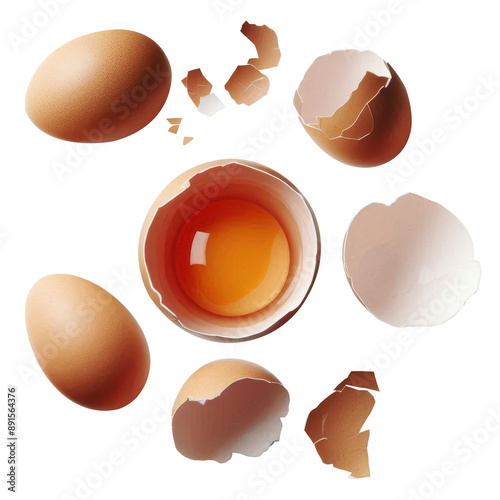 Collection of chicken egg, cracked open raw egg, broken egg shells, graphic resource isolated on transparent background PNG Image photo