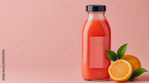 Freshly squeezed orange juice in a bottle, with whole and sliced oranges on a pastel pink background. Perfect for healthy living concepts.